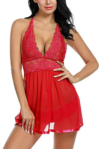 Voqeen Mujeres Body de Encaje lencería Semitransparente Sexy sin Mangas Vestido de Babydoll sin Mangas para Mujer Atractivo Ropa de Dormir (Rojo, XL)