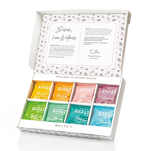 WALTZ7, Set Bombas de Ducha, 8 Aromas Naturales de Aromaterapia, Relajación, Energía, Bienestar, Vigor y Calma, Lavanda, Eucalipto, Romero-Menta, Abeto, Rosa, Naranja, Lima Menta, Mango, Pack 16
