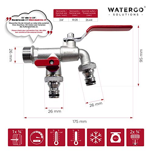 WATERGO Premium Doble Grifo Jardín 3/4" Pulgadas (Rojo) - Grifo de Exterior Latón a Prueba de heladas Acero Inoxidable - Colector de válvula de Bola - Incluye 2X Conector de Manguera + E-Book