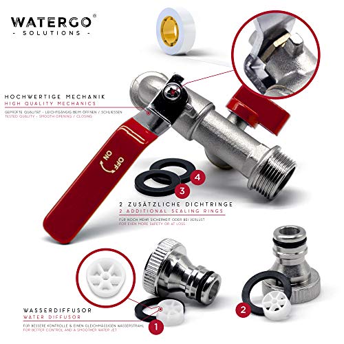 WATERGO Premium Doble Grifo Jardín 3/4" Pulgadas (Rojo) - Grifo de Exterior Latón a Prueba de heladas Acero Inoxidable - Colector de válvula de Bola - Incluye 2X Conector de Manguera + E-Book