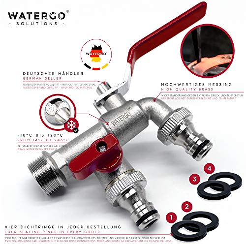 WATERGO Premium Doble Grifo Jardín 3/4" Pulgadas (Rojo) - Grifo de Exterior Latón a Prueba de heladas Acero Inoxidable - Colector de válvula de Bola - Incluye 2X Conector de Manguera + E-Book