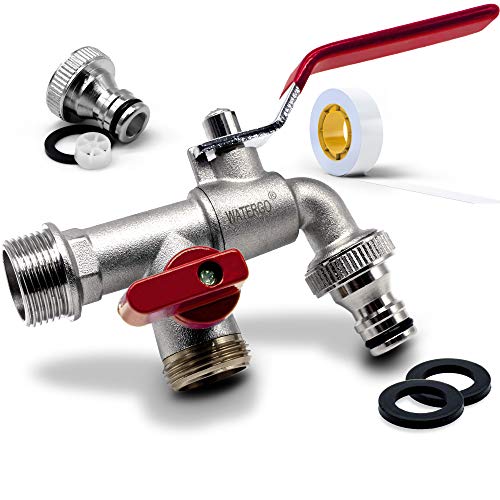 WATERGO Premium Doble Grifo Jardín 3/4" Pulgadas (Rojo) - Grifo de Exterior Latón a Prueba de heladas Acero Inoxidable - Colector de válvula de Bola - Incluye 2X Conector de Manguera + E-Book