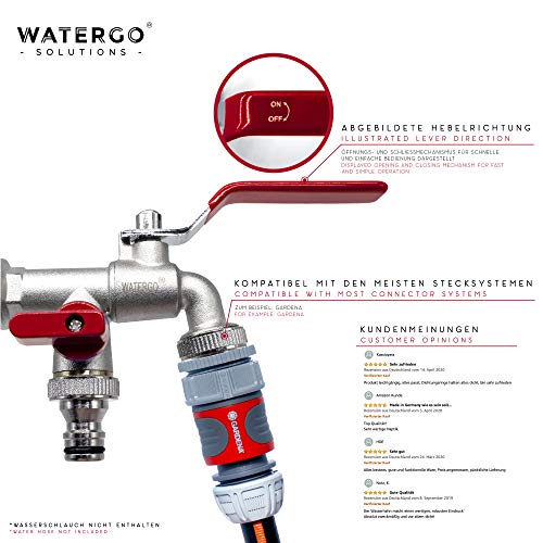 WATERGO Premium Doble Grifo Jardín 3/4" Pulgadas (Rojo) - Grifo de Exterior Latón a Prueba de heladas Acero Inoxidable - Colector de válvula de Bola - Incluye 2X Conector de Manguera + E-Book