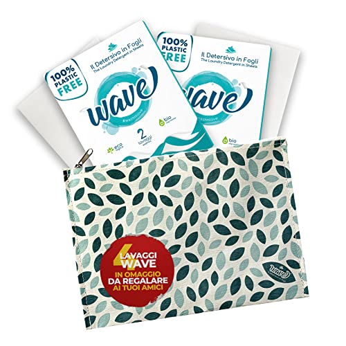 Wave Washing Family Box – El Detergente en Hojas – 100% LIBRE DE PLÁSTICO – 64 lavados + 4 lavados GRATIS – Classic & Sensitive + Pochette Ecológica – Ecológico – Biodegradable – Compostable