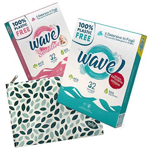Wave Washing Family Box – El Detergente en Hojas – 100% LIBRE DE PLÁSTICO – 64 lavados + 4 lavados GRATIS – Classic & Sensitive + Pochette Ecológica – Ecológico – Biodegradable – Compostable