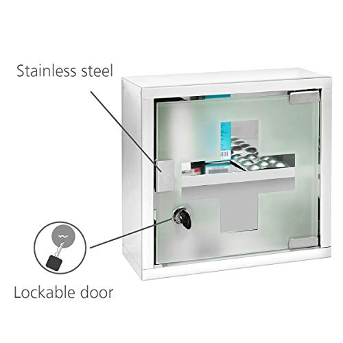 WENKO Botiquín acero inox 25 x 25 cm - Botiquín de medicinas con cerradura, Acero inoxidable, 25 x 25 x 12 cm, Brillante
