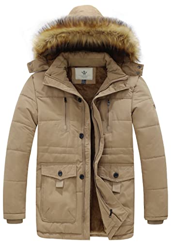 WenVen Abrigos Cálido Invierno Chaqueta de Algodón a Prueba de Viento Parka Capucha Gruesa Extraíble con Pelo Chaqueta de Lana Exteriores Hombre Caqui Large
