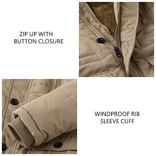 WenVen Abrigos Cálido Invierno Chaqueta de Algodón a Prueba de Viento Parka Capucha Gruesa Extraíble con Pelo Chaqueta de Lana Exteriores Hombre Caqui Large