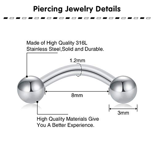WillTen Piercing Rook Acero Quirúrgico Piercing Ceja Barbell Curvado Diamante CZ Septum Nariz Aros Piercing Oreja Cartilago Helix Joyas Mujer Hombre 16G 8Piezas