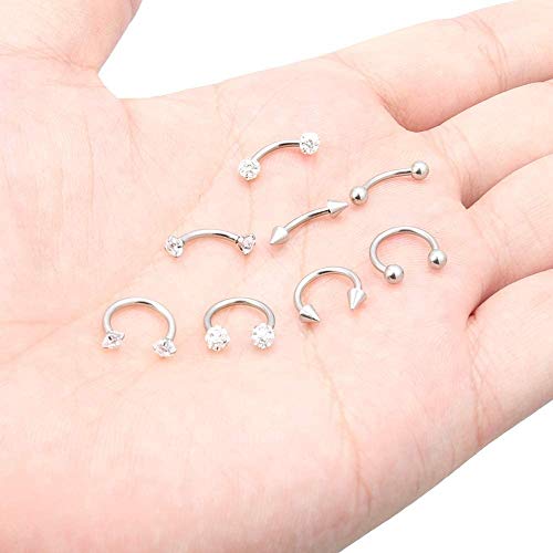 WillTen Piercing Rook Acero Quirúrgico Piercing Ceja Barbell Curvado Diamante CZ Septum Nariz Aros Piercing Oreja Cartilago Helix Joyas Mujer Hombre 16G 8Piezas