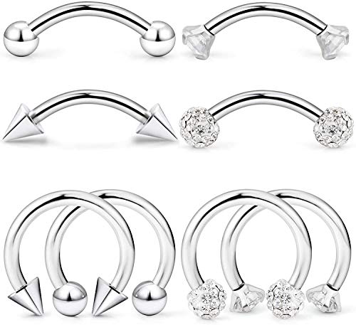 WillTen Piercing Rook Acero Quirúrgico Piercing Ceja Barbell Curvado Diamante CZ Septum Nariz Aros Piercing Oreja Cartilago Helix Joyas Mujer Hombre 16G 8Piezas