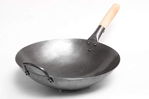 Wok tradicional de acero de carbono forjado a mano, con mango auxiliar de madera y acero (diámetro 35,6 cm, fondo redondo)/731W88, de Craft Wok