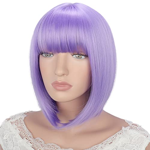 YESHEDO pelucas de pelo Morado claro corto y liso con flequillo para mujer, peluca de pelo sintético de color resistente al calor para cosplay diario natural como pelo real de 12 "