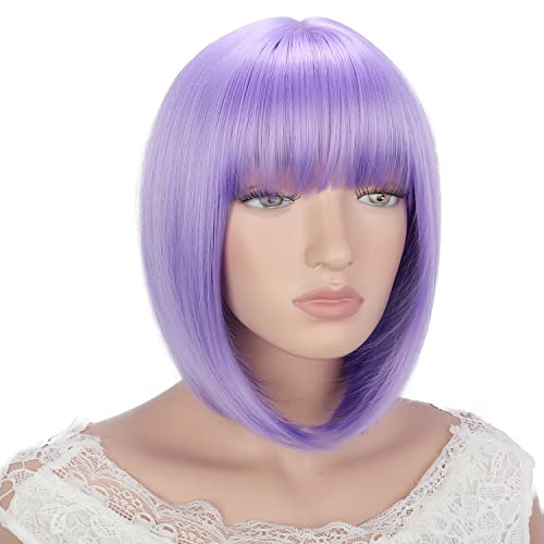 YESHEDO pelucas de pelo Morado claro corto y liso con flequillo para mujer, peluca de pelo sintético de color resistente al calor para cosplay diario natural como pelo real de 12 "