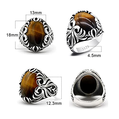 YZQ Guapo Tiger Eyes Anillo Ajuste for Hombres 925 Plata Esterlina Gran Piedra Natural Vintage Joyería Hecho A Mano Producto único (Gem Color : Tiger Eyes Stone, Ring Size : 12)