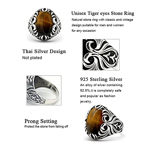 YZQ Guapo Tiger Eyes Anillo Ajuste for Hombres 925 Plata Esterlina Gran Piedra Natural Vintage Joyería Hecho A Mano Producto único (Gem Color : Tiger Eyes Stone, Ring Size : 12)