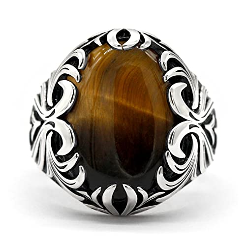YZQ Guapo Tiger Eyes Anillo Ajuste for Hombres 925 Plata Esterlina Gran Piedra Natural Vintage Joyería Hecho A Mano Producto único (Gem Color : Tiger Eyes Stone, Ring Size : 12)
