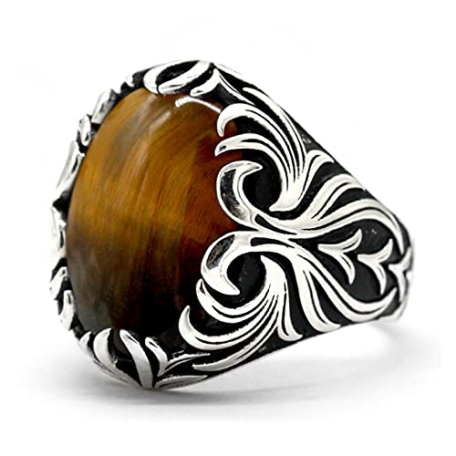 YZQ Guapo Tiger Eyes Anillo Ajuste for Hombres 925 Plata Esterlina Gran Piedra Natural Vintage Joyería Hecho A Mano Producto único (Gem Color : Tiger Eyes Stone, Ring Size : 12)