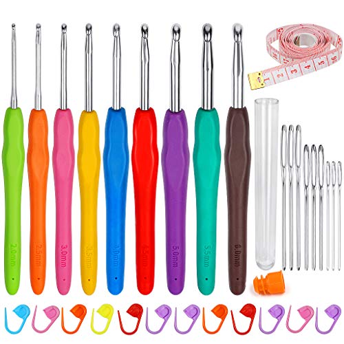 ZTMY Agujas de Ganchillo, 9Pcs Ganchillos Crochet ErgonóMico Suave Antideslizante Mangos De Goma Juego Aguja Tejer Crochet