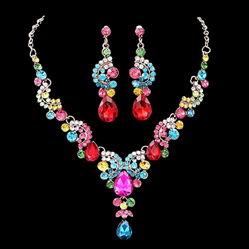 ZXCM Vintage Femenino Arco Iris Cristal joyería Conjunto Encanto Oro Plata Color de Boda Pendientes de Boda para Mujeres Collar de Cadena Nupcial