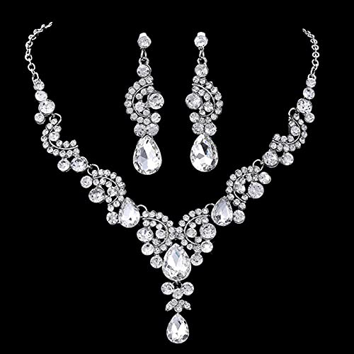 ZXCM Vintage Femenino Arco Iris Cristal joyería Conjunto Encanto Oro Plata Color de Boda Pendientes de Boda para Mujeres Collar de Cadena Nupcial