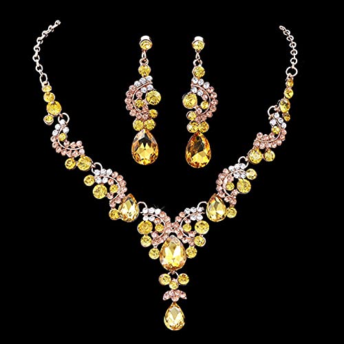 ZXCM Vintage Femenino Arco Iris Cristal joyería Conjunto Encanto Oro Plata Color de Boda Pendientes de Boda para Mujeres Collar de Cadena Nupcial