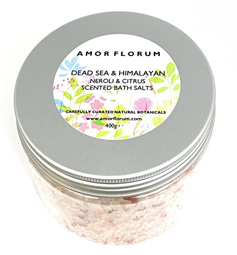 100% NATURAL SAL DE BAÑO - DEL HIMALAYA Y DEL MAR MUERTO con NEROLI y LIMÓN - 400g de AMOR FLORUM Sales Infundidas con Coco, Almendra, Jojoba, Aceite de Vitamina E Hidratan. Neroli, Limón Perfuman.