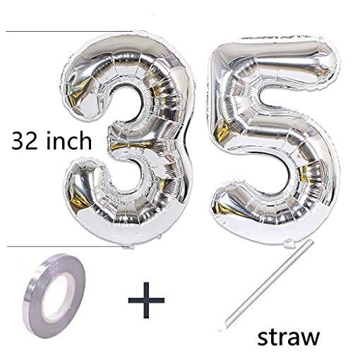 2 globos con el número 35 plateados + guirnalda de cumpleaños + banderines plateados para 35 cumpleaños, decoración para hombres y mujeres, 35 años, 35 globos de cumpleaños
