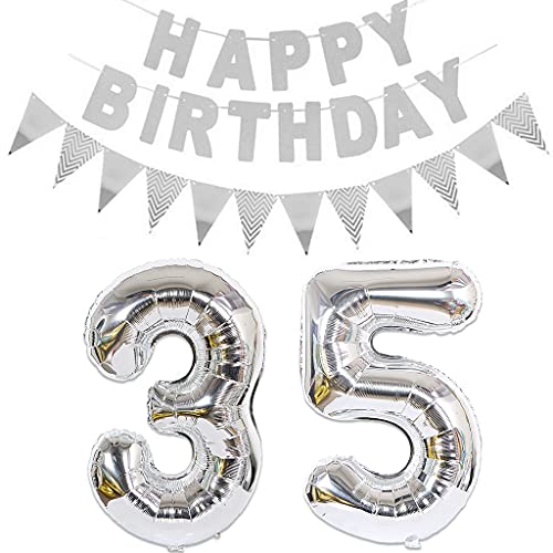 2 globos con el número 35 plateados + guirnalda de cumpleaños + banderines plateados para 35 cumpleaños, decoración para hombres y mujeres, 35 años, 35 globos de cumpleaños