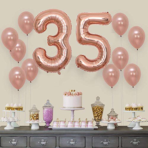 2 Globos Número 35 Años, Number 35 Globo Chica de oro rosa, 40"Figuras de globos con globo de lámina de helio inflable, Globo gigante para la decoración de la fiesta de cumpleaños, Prom (xxxl 100cm)