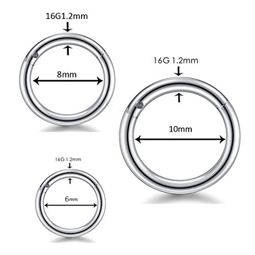 3 unidades 6/8/10 mm 16 G de acero inoxidable para nariz, aros de nariz, aros para hombre y mujer