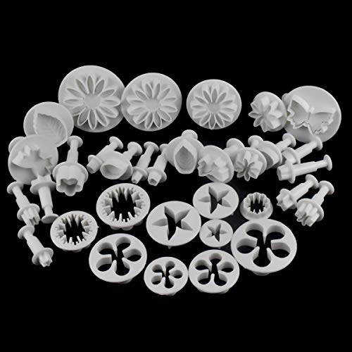 33 Pcs Cortador Fondant Expulsor, Cortadores de Pastel para Decorar, Cortador de Galletas con Flor Corazón Mariposa Estrella Forma de Copo de Nieve, Herramientas de Decoración de Pasteles Bricolaje