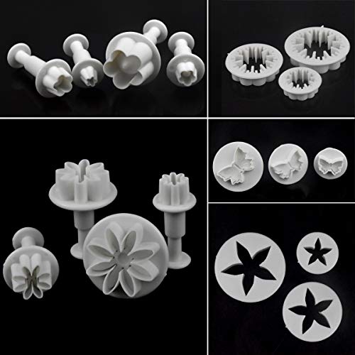33 Pcs Cortador Fondant Expulsor, Cortadores de Pastel para Decorar, Cortador de Galletas con Flor Corazón Mariposa Estrella Forma de Copo de Nieve, Herramientas de Decoración de Pasteles Bricolaje