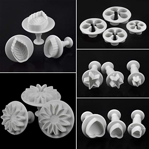 33 Pcs Cortador Fondant Expulsor, Cortadores de Pastel para Decorar, Cortador de Galletas con Flor Corazón Mariposa Estrella Forma de Copo de Nieve, Herramientas de Decoración de Pasteles Bricolaje