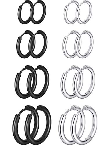 8 Pares de Pendientes de Aro de Cartílago Pendientes de Aro Pequeños de Acero Inoxidable Anillos de Labio Nariz para Mujeres Hombres (8 mm, 10 mm, 12 mm, 14 mm, Color Acero, Negro)