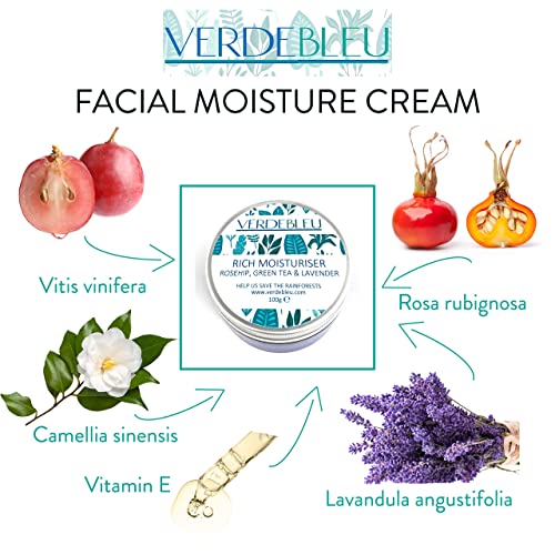 99% Natural CREMA FACIAL HIDRATANTE - ROSA MOSQUETA, TÉ VERDE & LAVANDA - 100g de VERDEBLEU Delicado pH 5,5 para Pieles Sensibles. Donamos el 5% de Ganancias para Ayudar a Salvar los Bosques Lluviosos