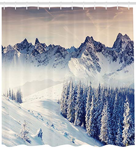 ABAKUHAUS Naturaleza Cortina de Baño, Nevadas Vista Winter, Material Resistente al Agua Durable Estampa Digital, 175 x 200 cm, Azul Gris Blanco
