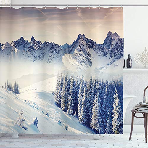 ABAKUHAUS Naturaleza Cortina de Baño, Nevadas Vista Winter, Material Resistente al Agua Durable Estampa Digital, 175 x 200 cm, Azul Gris Blanco