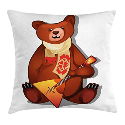 ABAKUHAUS Oso Divertido Funda para Almohada, Balalaika Bufanda étnica, Colores Perdurables Tela Lavable, 40 x 40 cm, Canela Multicolor