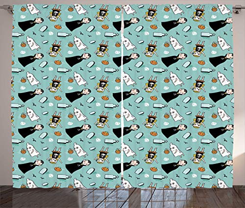 ABAKUHAUS Víspera de Todos los Santos Cortinas, Fantasma del Vampiro Niños, Sala de Estar Dormitorio Cortinas Ventana Set de Dos Paños, 280 x 175 cm, Pálida Teal Multicolor