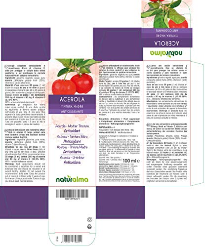 Acerola (Malpighia glabra) frutos Tintura Madre sin alcohol Naturalma | Rica en vitamina C | Extracto líquido gotas 100 ml | Complemento alimenticio | Vegano