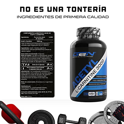 Acetil L-Carnitina 3000 con 250 cápsulas - 3000 mg por porción diaria - Premium: L-Carnitina en forma de acetilo - Altamente dosificada - Vegano