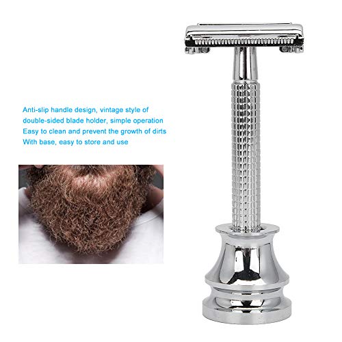 Afeitadora de cobre, afeitadora manual antigua con mango antideslizante y diseño de hoja cerrada, herramienta para afeitar barba con base(01)