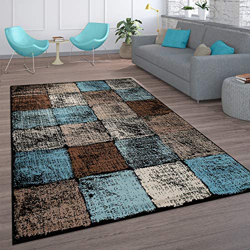 Alfombra Salón Vintage Pelo Corto Estampado Marroquí Rombos Turquesa Marrón, tamaño:160x220 cm, Color:Marrón