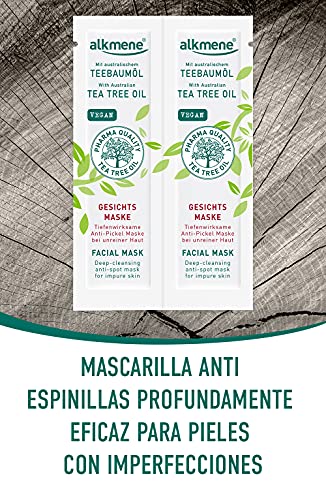 alkmene Mascarilla facial anti espinillas con aceite del árbol del té - Mascarillas faciales para pieles con impurezas - vegana sin siliconas ni parabenos 2x 6 ml