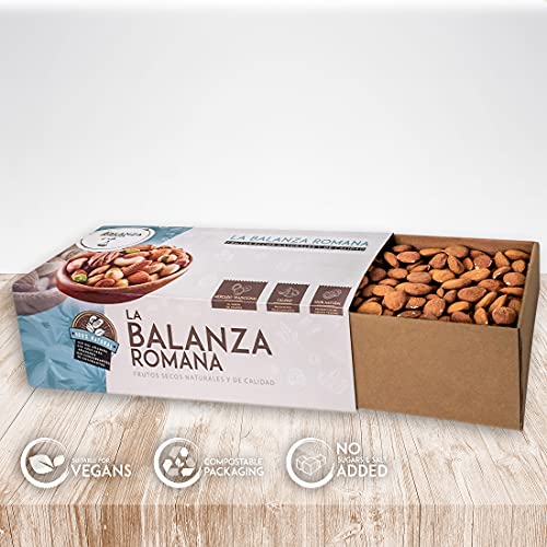 Almendra Marcona Cruda con Piel XL La Balanza Romana - Envase Sostenible de Cartón - 100% Natural - 1 caja de 800 gr de Almenda Marcona con Piel Tamaño XL