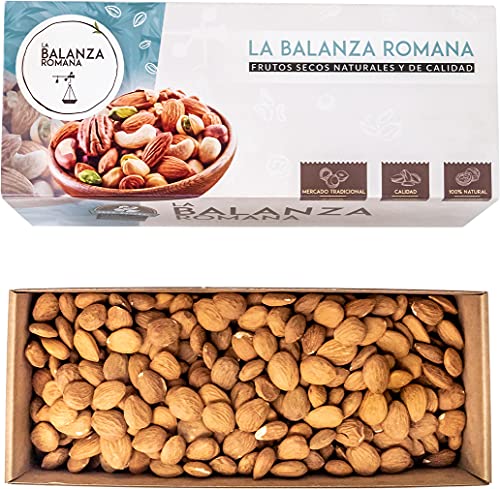 Almendra Marcona Cruda con Piel XL La Balanza Romana - Envase Sostenible de Cartón - 100% Natural - 1 caja de 800 gr de Almenda Marcona con Piel Tamaño XL
