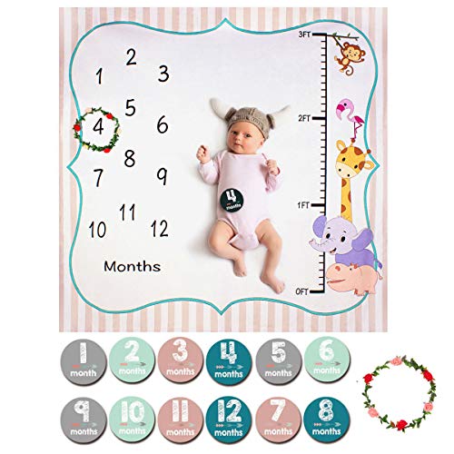ANBET Manta Bebe Personalizada Recien Nacido Manta Meses Bebe Español Lncluye Pegatinas Mensuales y Corona de Flores Manta Cumple Mes Bebe Registre la Edad y el Crecimiento de Bebé 120 × 120 cm