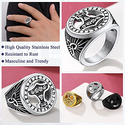 Anillos Nórdicos Vintage para Hombres y Mujeres Martillo de Thor Mjolnir Anillo Ancho Banda Acero Inoxidable 316L Talla 12 Joyería Vintage Familia Cuervo Odín Runas Alfabeto