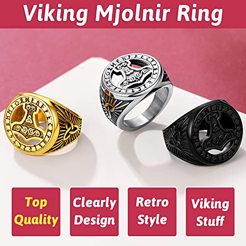 Anillos Nórdicos Vintage para Hombres y Mujeres Martillo de Thor Mjolnir Anillo Ancho Banda Acero Inoxidable 316L Talla 12 Joyería Vintage Familia Cuervo Odín Runas Alfabeto